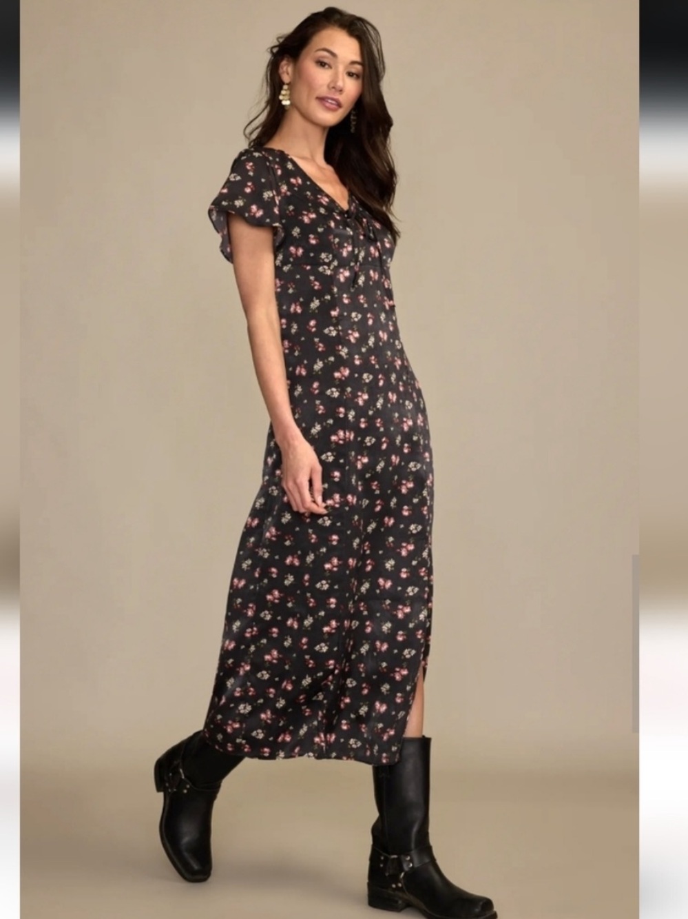 NWT Lucky Brand Black Floral Flutter Sleeve Midi Dress Boho Front Slit Size XL - Picture 2 of 14